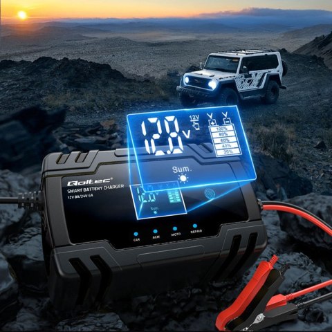 Qoltec Inteligentna mikroprocesorowa ładowarka 12V 8A | 24V 4A| Prostownik z funkcją naprawy do akumulatora AGM GEL | LCD