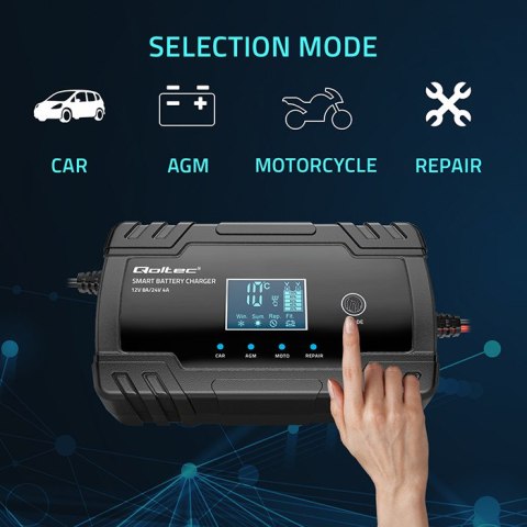 Qoltec Inteligentna mikroprocesorowa ładowarka 12V 8A | 24V 4A| Prostownik z funkcją naprawy do akumulatora AGM GEL | LCD
