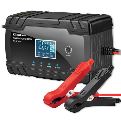 Qoltec Inteligentna mikroprocesorowa ładowarka 12V 8A | 24V 4A| Prostownik z funkcją naprawy do akumulatora AGM GEL | LCD