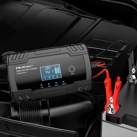 Qoltec Inteligentna mikroprocesorowa ładowarka 12V 8A | 24V 4A| Prostownik z funkcją naprawy do akumulatora AGM GEL | LCD