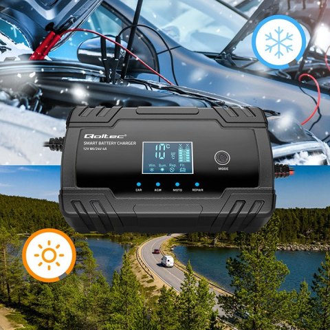 Qoltec Inteligentna mikroprocesorowa ładowarka 12V 8A | 24V 4A| Prostownik z funkcją naprawy do akumulatora AGM GEL | LCD
