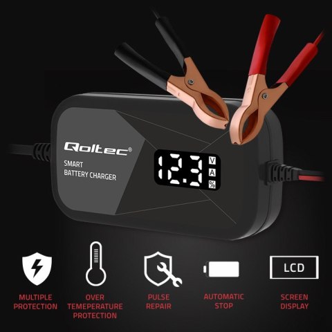 Qoltec Inteligentna mikroprocesorowa ładowarka 12V | 2A | Prostownik do akumulatora AGM GEL | LCD