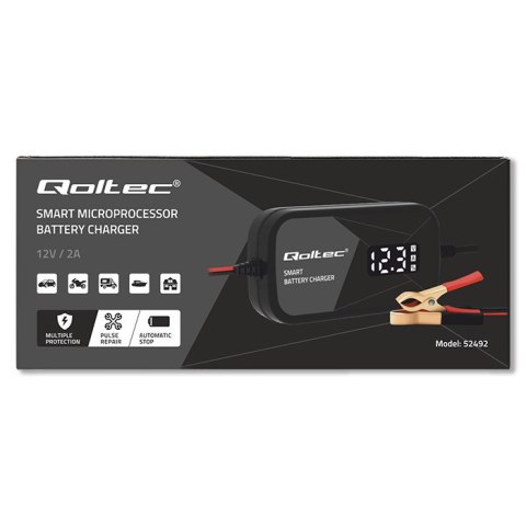 Qoltec Inteligentna mikroprocesorowa ładowarka 12V | 2A | Prostownik do akumulatora AGM GEL | LCD