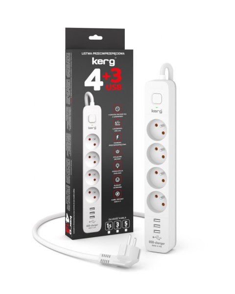 Urządz. zas.-zabezpiecz. KERG z wyłącznikiem-4 gniazda-3USB-biało-szary-3m-16A-H05VV-F-3x1,5mm