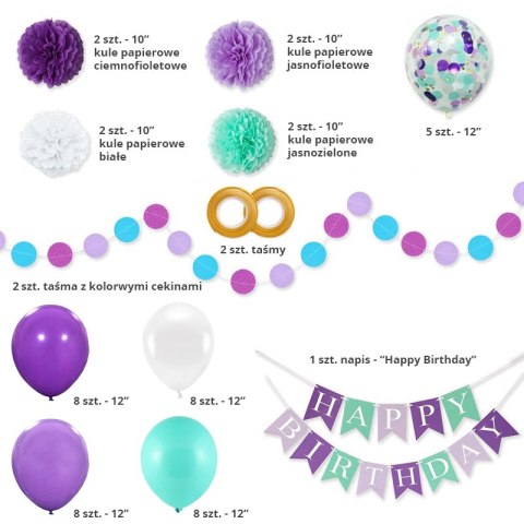 Zestaw dekoracji, balonów urodzinowych - zielono fioletowy
