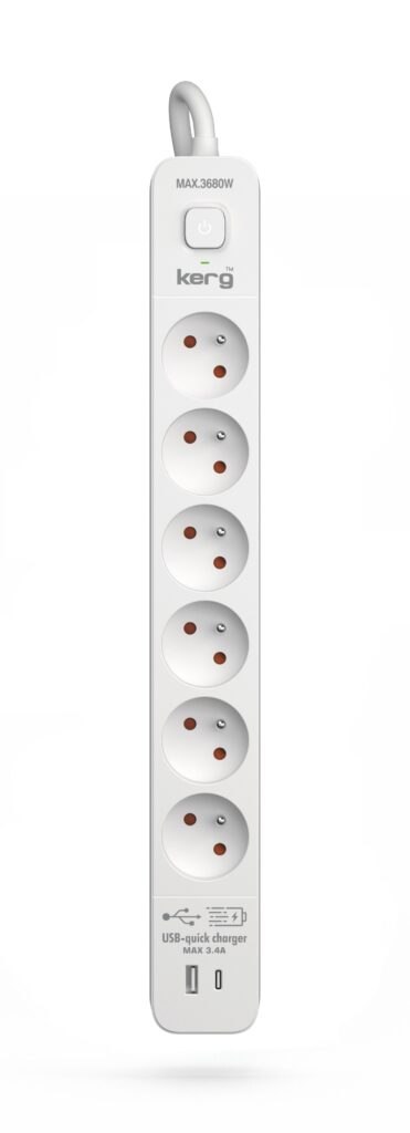 Urządz. zas.-zabezpiecz. KERG z wyłącznikiem-6 gniazd-USBC+USBA-biało-szary-1,5m-16A-H05VV-F-3x1,5mm2