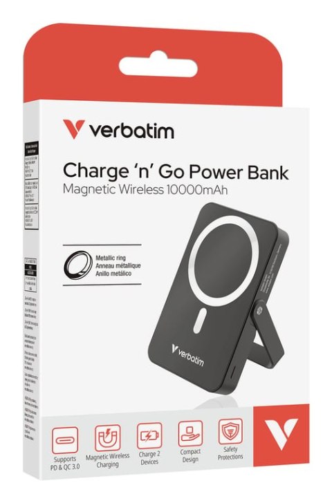 Verbatim Charge 'n' Go Magnetic Wireless Litowo-polimerowy (LiPo) 10000 mAh Bezprzewodowe ładowanie Czarny