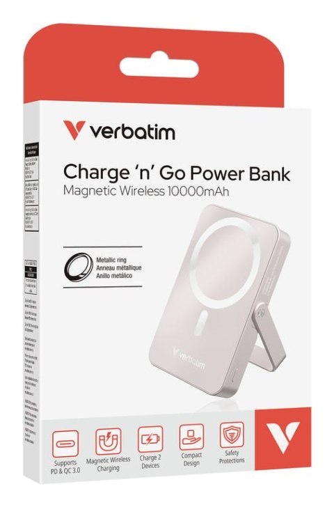 Verbatim Charge 'n' Go Magnetic Wireless Litowo-polimerowy (LiPo) 10000 mAh Bezprzewodowe ładowanie Różowy
