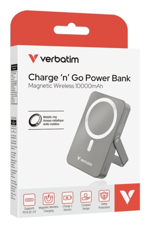 Verbatim Charge 'n' Go Magnetic Wireless Litowo-polimerowy (LiPo) 10000 mAh Bezprzewodowe ładowanie Szary