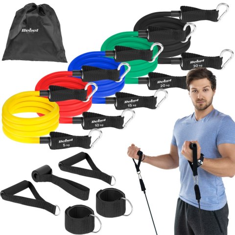 Zestaw gum oporowych do ćwiczeń - Power Tube Set , 5-80 kg, 5 gumy, REBEL ACTIVE
