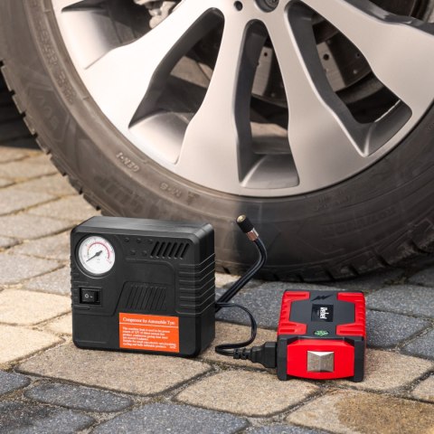 Jump starter - power bank z przewodami rozruchowymi i kompresorem