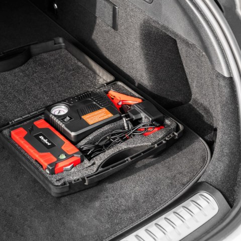 Jump starter - power bank z przewodami rozruchowymi i kompresorem