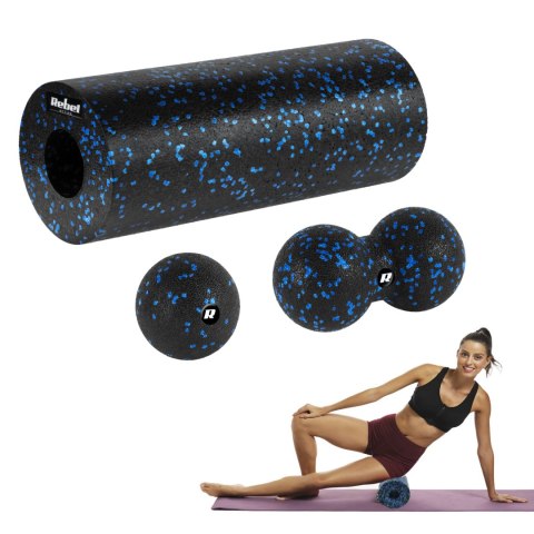 Zestaw wałek do masażu, roller, piłka, duoball , 3 elementy, kolor czarno-niebieski, materiał EPP, REBEL ACTIVE