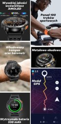 Smartwatch Męski GRAVITY GPS GT24-3 Czarny Pasek Silikonowy + Pomarańczowy Pasek Silikonowy
