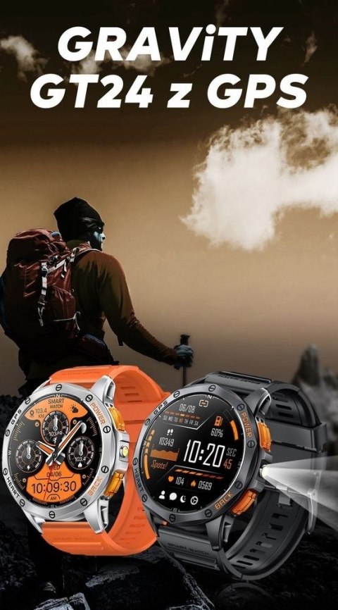 Smartwatch Męski GRAVITY GPS GT24-3 Czarny Pasek Silikonowy + Pomarańczowy Pasek Silikonowy