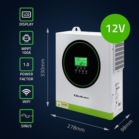 Qoltec Hybrydowy inwerter solarny Off-Grid 1500W | 100A | 12V | MPPT | Sinus | Opcja Wi-Fi | Power Factor 1.0