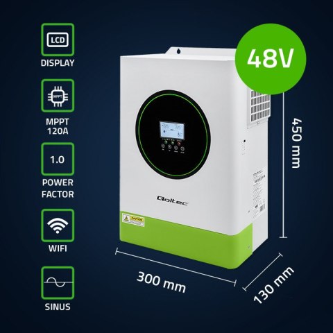 Qoltec Hybrydowy inwerter solarny Off-Grid 6200W | 120A | 48V | MPPT | BMS | Sinus | opcja Wi-Fi | Power Factor 1.0