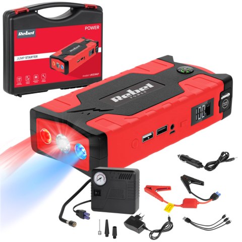 Jump starter - power bank z przewodami rozruchowymi i kompresorem