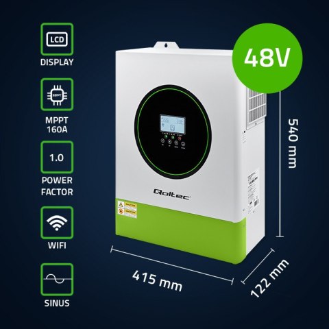 Qoltec Hybrydowy inwerter solarny Off-Grid 11000W | 160A | 48V | MPPT | BMS | Sinus | opcja Wi-Fi | Power Factor 1.0