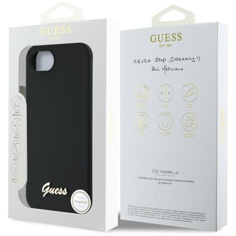 Guess Silicone Script Metal Logo MagSafe - Etui do iPhone 16e (czarny)