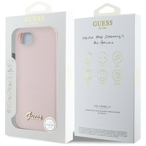 Guess Silicone Script Metal Logo MagSafe - Etui do iPhone 16e (różowy)