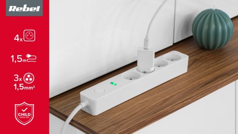 Przedłużacz sieciowy Rebel 4 gniazda z wyłącznikiem -1,5m
