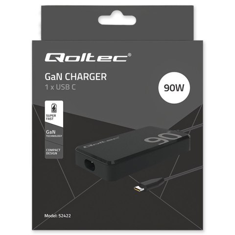 Qoltec Ładowarka sieciowa 90W GaN Super Fast SLIM | PD | 5-20V | 4.5A | USB-C 3.1 | Laptop | MacBook | Smartfon | + kabel