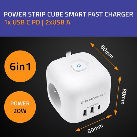 Qoltec Kostka zasilająca przedłużacz 6w1 z podświetlanym włącznikiem | 3x AC | 2x USB | 1x USB-C PD 20W | Biała | Kabel 2m