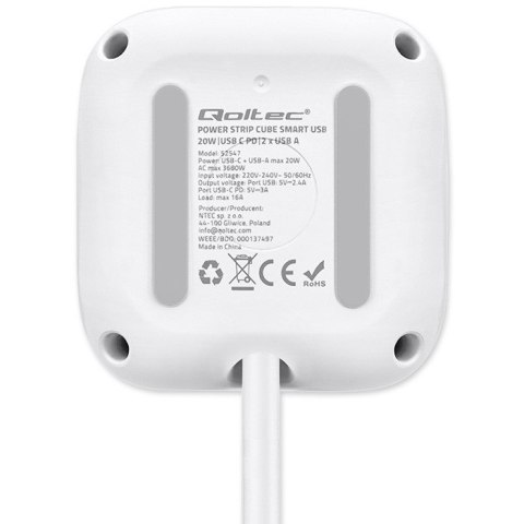 Qoltec Kostka zasilająca przedłużacz 6w1 z podświetlanym włącznikiem | 3x AC | 2x USB | 1x USB-C PD 20W | Biała | Kabel 2m