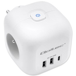 Qoltec Kostka zasilająca przedłużacz 6w1 z podświetlanym włącznikiem | 3x AC | 2x USB | 1x USB-C PD 20W | Biała