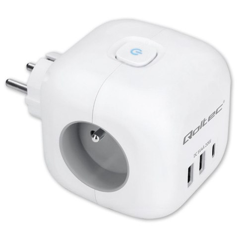Qoltec Kostka zasilająca przedłużacz 6w1 z podświetlanym włącznikiem | 3x AC | 2x USB | 1x USB-C PD 20W | Biała