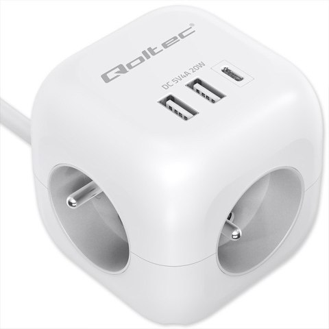 Qoltec Kostka zasilająca przedłużacz 6w1 z podświetlanym włącznikiem | 3x AC | 2x USB | 1x USB-C PD 20W | Biała | Kabel 2m