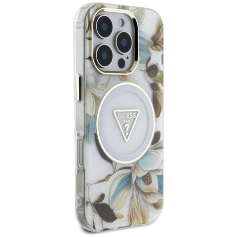 Guess Glitter Flowers Triangle Buttons MagSafe - Etui do iPhone 16 Pro Max (biały)