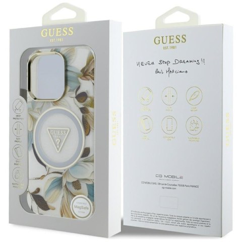 Guess Glitter Flowers Triangle Buttons MagSafe - Etui do iPhone 16 Pro Max (biały)