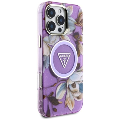 Guess Glitter Flowers Triangle Buttons MagSafe - Etui do iPhone 16 Pro Max (fioletowy)
