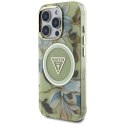 Guess Glitter Flowers Triangle Buttons MagSafe - Etui do iPhone 16 Pro Max (zielony)