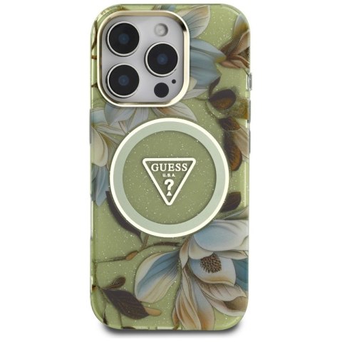 Guess Glitter Flowers Triangle Buttons MagSafe - Etui do iPhone 16 Pro Max (zielony)