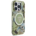 Guess Glitter Flowers Triangle Buttons MagSafe - Etui do iPhone 16 Pro Max (zielony)