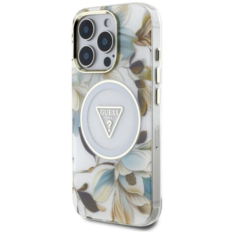 Guess Glitter Flowers Triangle Buttons MagSafe - Etui do iPhone 16 Pro (biały)