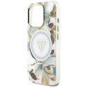 Guess Glitter Flowers Triangle Buttons MagSafe - Etui do iPhone 16 Pro (biały)