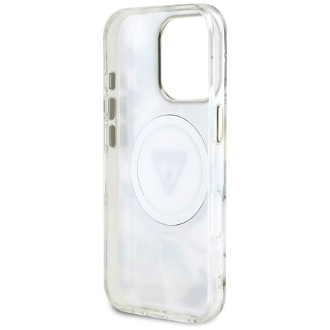 Guess Glitter Flowers Triangle Buttons MagSafe - Etui do iPhone 16 Pro (biały)