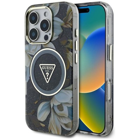 Guess Glitter Flowers Triangle Buttons MagSafe - Etui do iPhone 16 Pro (czarny)