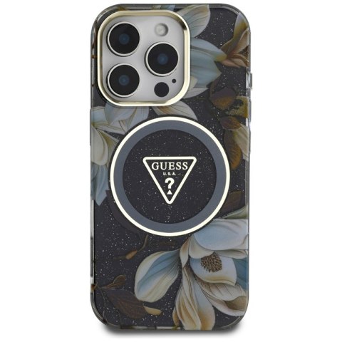 Guess Glitter Flowers Triangle Buttons MagSafe - Etui do iPhone 16 Pro (czarny)