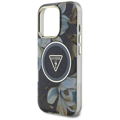 Guess Glitter Flowers Triangle Buttons MagSafe - Etui do iPhone 16 Pro (czarny)