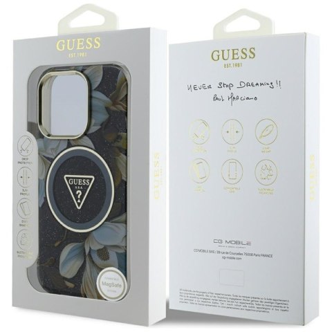 Guess Glitter Flowers Triangle Buttons MagSafe - Etui do iPhone 16 Pro (czarny)