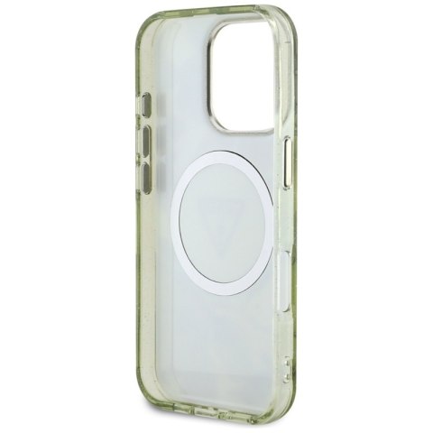 Guess Glitter Flowers Triangle Buttons MagSafe - Etui do iPhone 16 Pro (zielony)