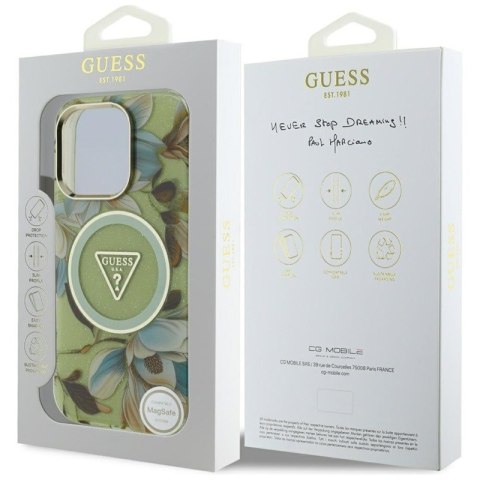 Guess Glitter Flowers Triangle Buttons MagSafe - Etui do iPhone 16 Pro (zielony)