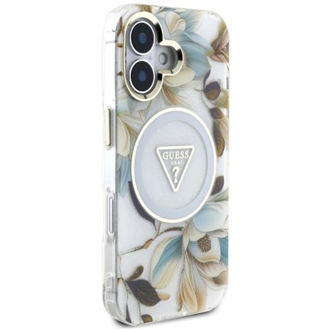 Guess Glitter Flowers Triangle Buttons MagSafe - Etui do iPhone 16 (biały)