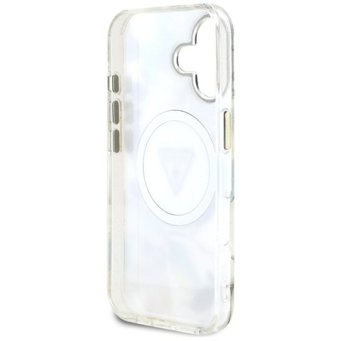 Guess Glitter Flowers Triangle Buttons MagSafe - Etui do iPhone 16 (biały)