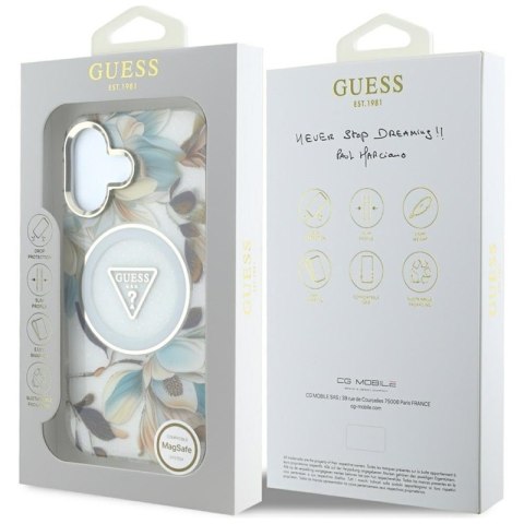 Guess Glitter Flowers Triangle Buttons MagSafe - Etui do iPhone 16 (biały)